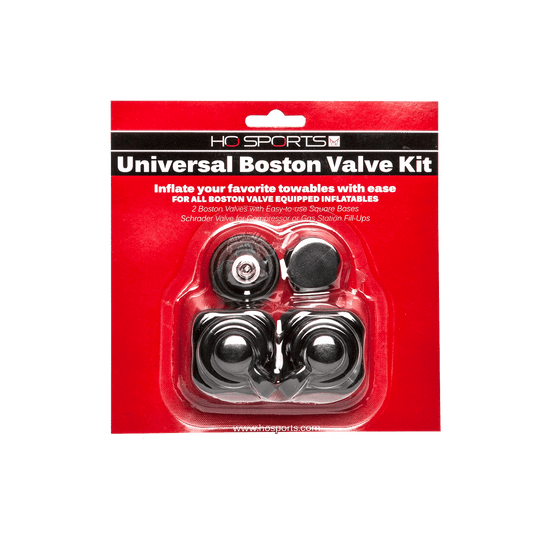Front view of the Boston Valve 2 Pack in red packaging, showing two black valves with square bases and caps.