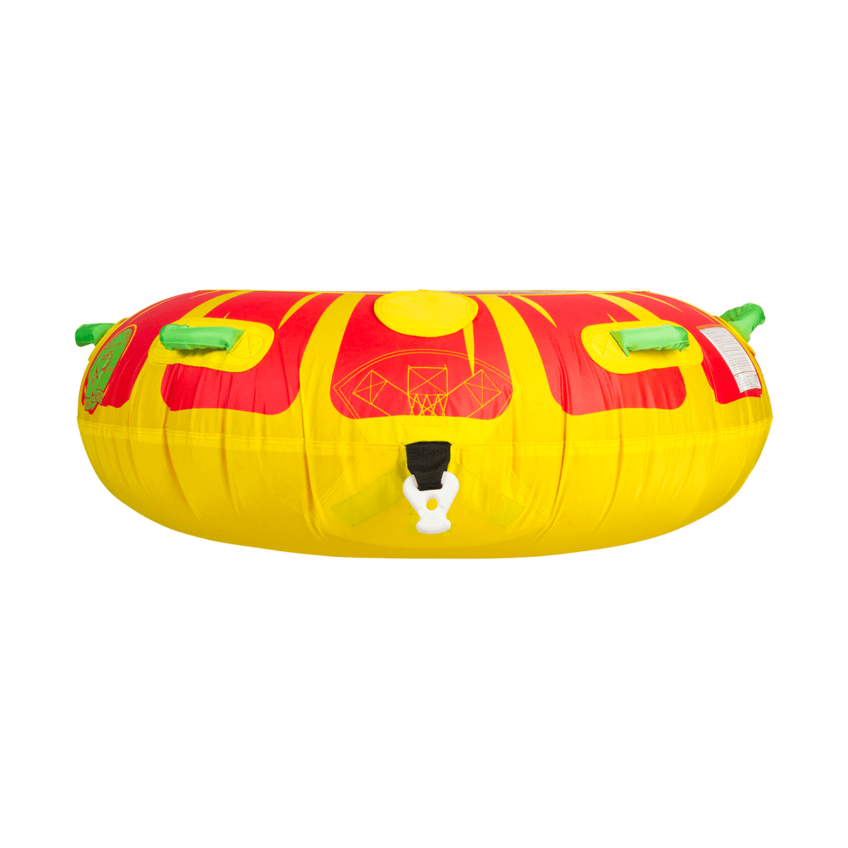 Profile view of the Citrus towable tube, a red and yellow circular inflatable with green grab handles and a sunburst pattern.