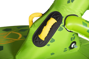 Close-up of Dino Tube's green dinosaur body with yellow padded handle, black grip pad, and inflation valve.