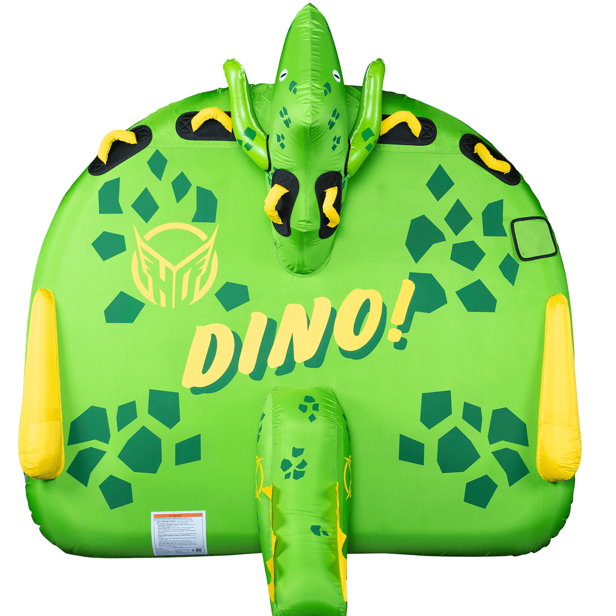 Top view of the Dino towable tube in bright green with a dinosaur face, yellow grab handles, and a spotted pattern.