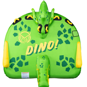 Top view of the Dino towable tube in bright green with a dinosaur face, yellow grab handles, and a spotted pattern.