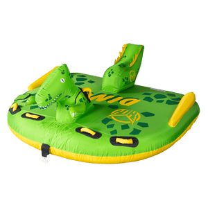 Right-angle view of the Dino towable tube in bright green with a dinosaur face, yellow grab handles, and a spotted pattern.