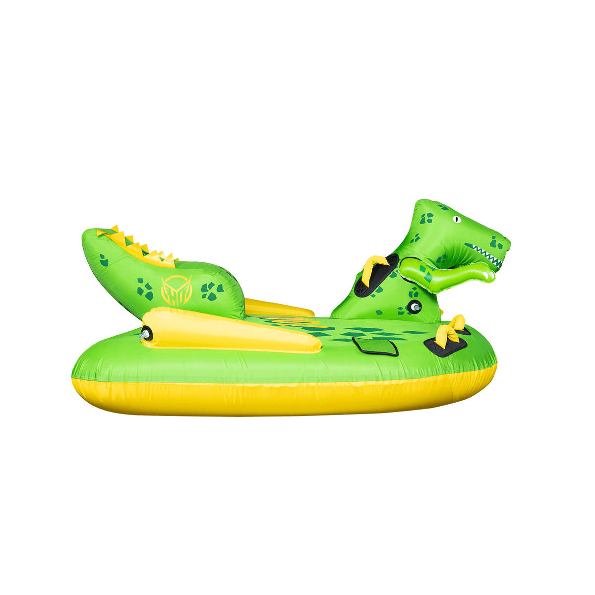Side view of the Dino towable tube in bright green with a dinosaur face, yellow grab handles, and a spotted pattern.