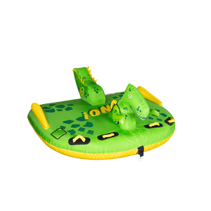 Left-angle view of the Dino towable tube in bright green with a dinosaur face, yellow grab handles, and a spotted pattern.