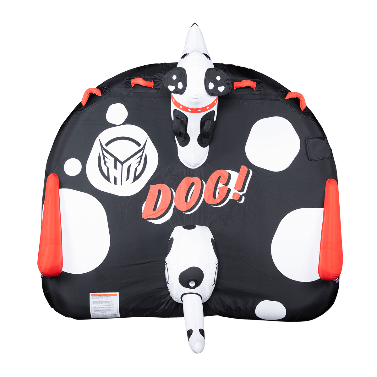 Top view of the Dog towable tube in black and white with a Dalmatian face, red grab handles, and a playful design.