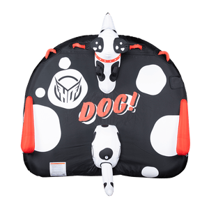 Top view of the Dog towable tube in black and white with a Dalmatian face, red grab handles, and a playful design.