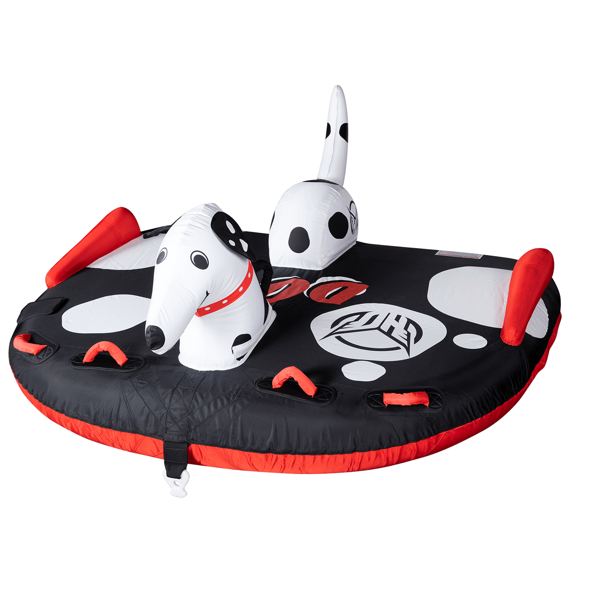 Right-angle view of the Dog towable tube in black and white with a Dalmatian face, red grab handles, and a playful design.