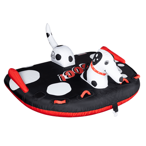 Left-angle view of the Dog towable tube in black and white with a Dalmatian face, red grab handles, and a playful design.