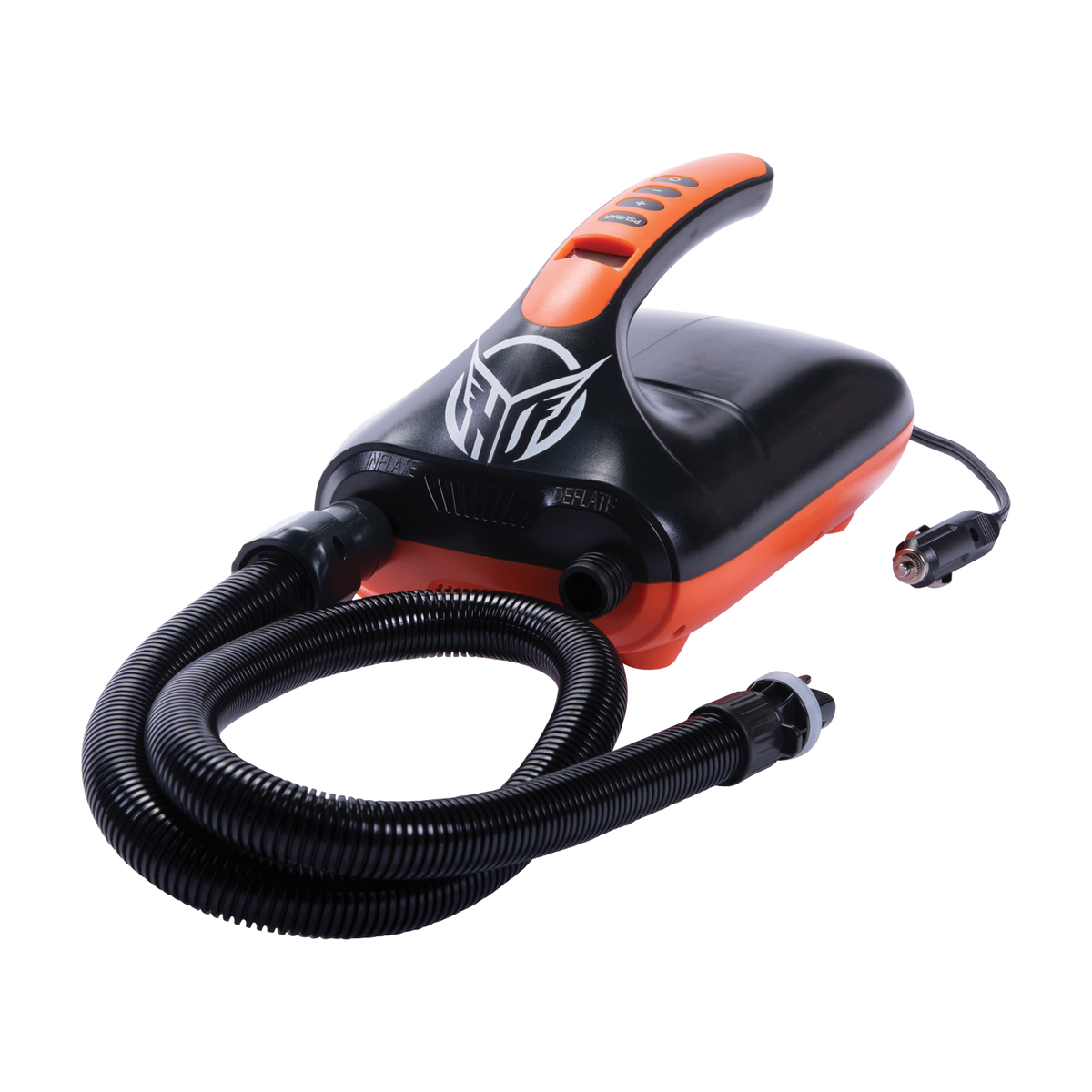 Three-quarter view of the black and orange iPUMP with a curved handle, coiled hose, and a 12V power plug attachment.