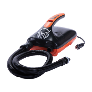Three-quarter view of the black and orange iPUMP with a curved handle, coiled hose, and a 12V power plug attachment.