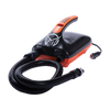 Three-quarter view of the black and orange iPUMP with a curved handle, coiled hose, and a 12V power plug attachment.