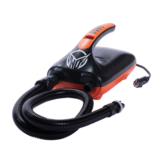 Angled view of the black and orange Electric Drop Stitch Pump with a coiled hose, car plug, and HO logo.