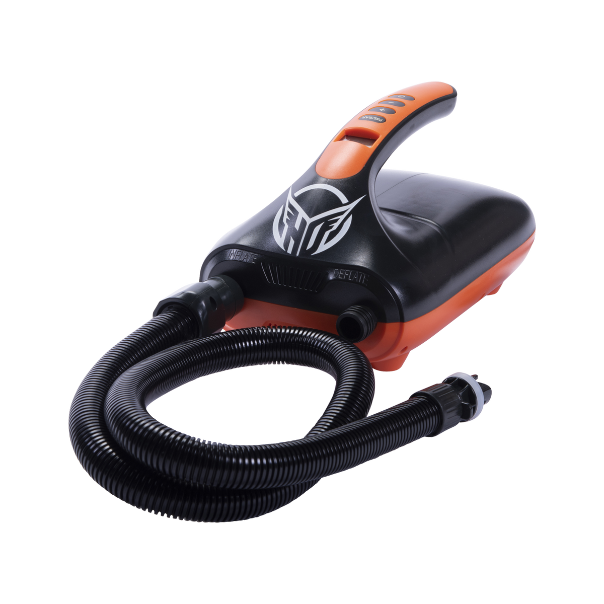 Angled view of the Electric Drop Stitch Pump in black and orange with its coiled hose and inflate/deflate ports.