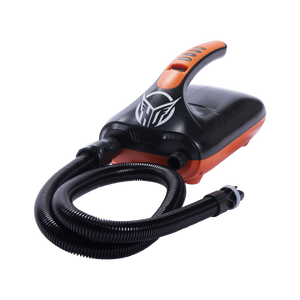 Angled view of the Electric Drop Stitch Pump in black and orange with its coiled hose and inflate/deflate ports.