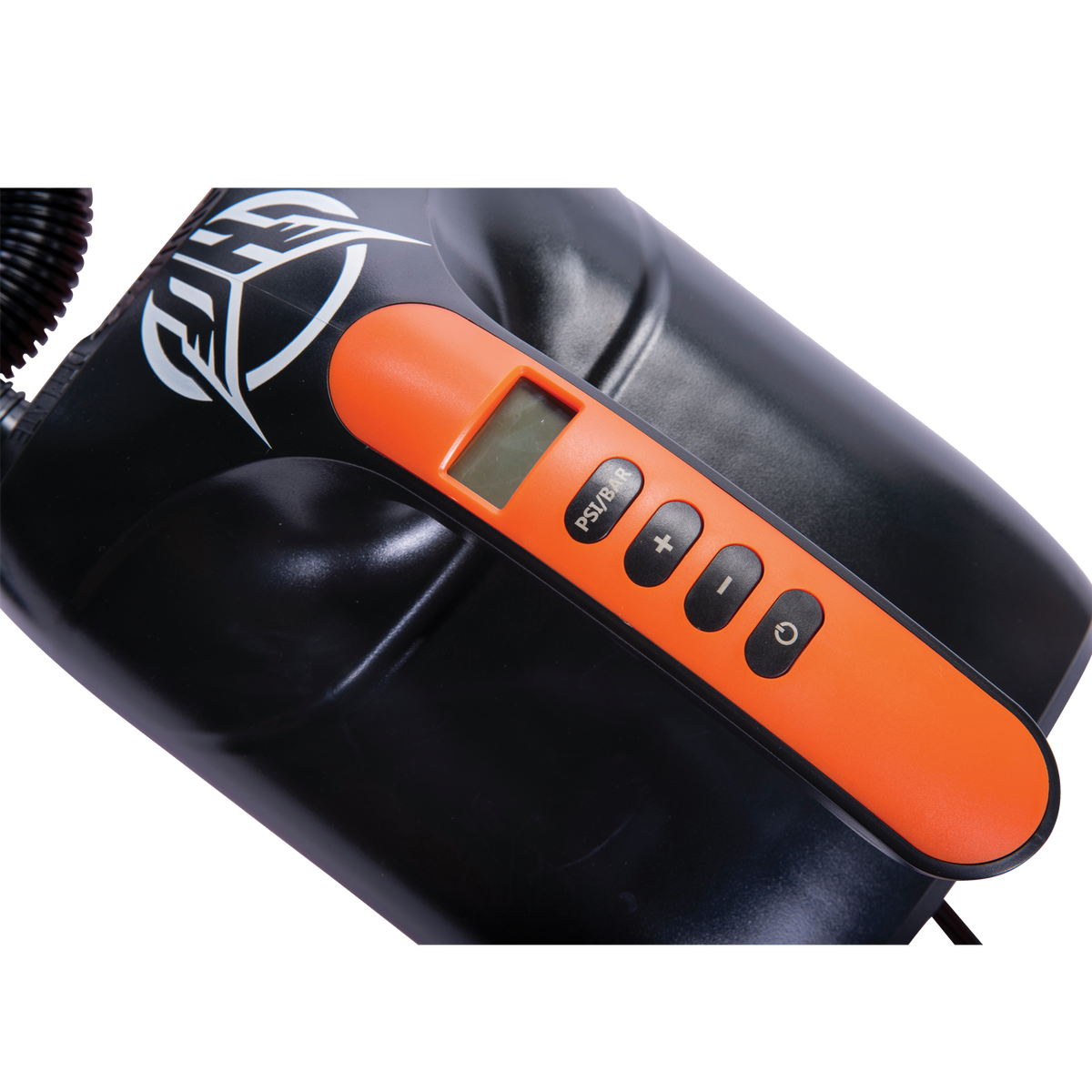 Close-up of the Electric Drop Stitch Pump's orange digital control panel with PSI/BAR and power buttons.