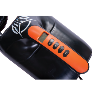 Close-up of the Electric Drop Stitch Pump's orange digital control panel with PSI/BAR and power buttons.