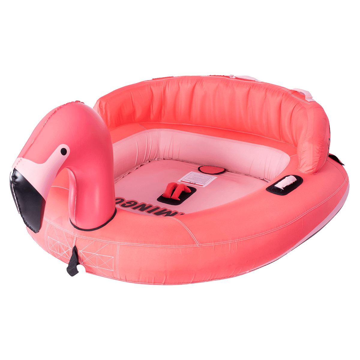 Bright pink Flamingo towable tube with an inflatable neck, black beak, and a cushioned backrest.