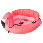 Bright pink Flamingo towable tube with an inflatable neck, black beak, and a cushioned backrest.