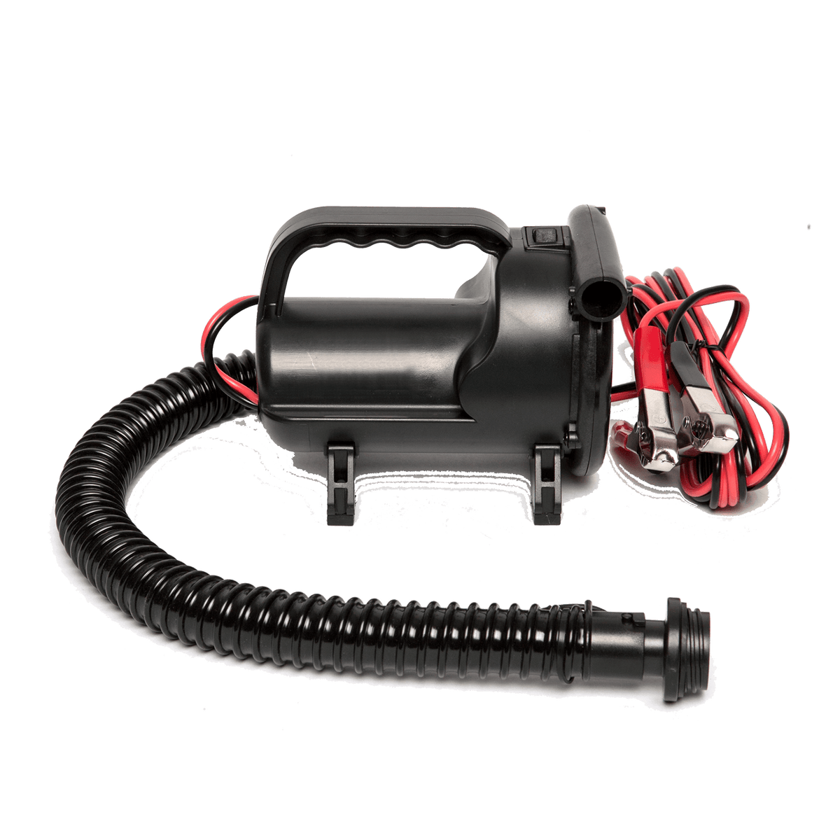 Side view of the High Volume Tube Pump, a black electric pump with a coiled hose and red and black alligator clips.