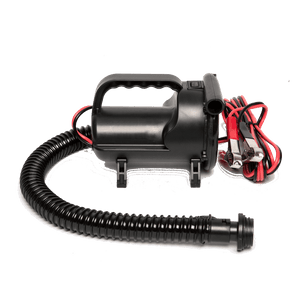 Side view of the High Volume Tube Pump, a black electric pump with a coiled hose and red and black alligator clips.