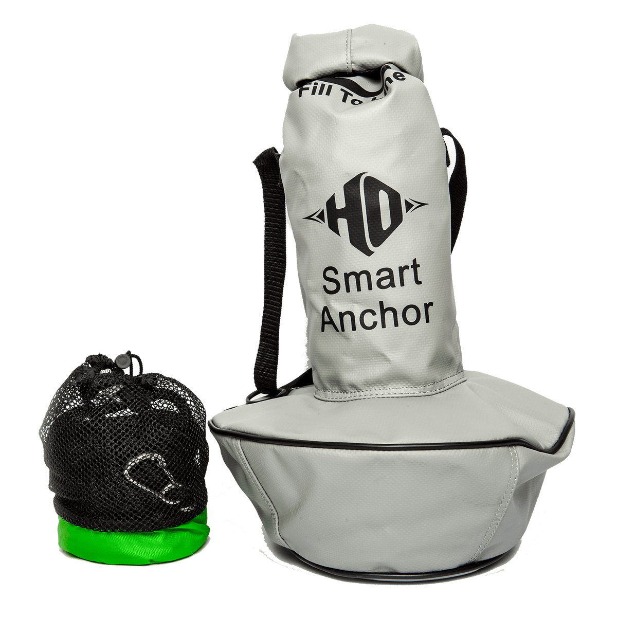 Front view of the HO Smart Anchor, a gray portable anchor bag with black straps, a mesh storage pouch, and green base.