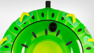 Top-down view of Kiwi Tube showing kiwi fruit print, yellow handles, tow hook, and center valve.