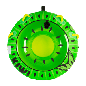 Top view of the round Kiwi towable tube in bright green with black and yellow accents, resembling a sliced kiwi fruit.
