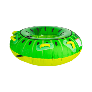 Side view of the round Kiwi towable tube in bright green with black and yellow accents, resembling a sliced kiwi fruit.