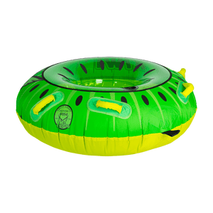 Opposite side view of the Kiwi towable tube in bright green with black and yellow accents, resembling a sliced kiwi fruit.