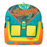 Top view of the Laguna 2 towable tube in teal, yellow, and orange with a tropical print and padded backrest.