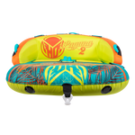 Front view of the Laguna 2 towable tube in teal, yellow, and orange with a tropical print and padded backrest.
