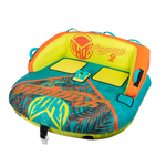 Angled right-side view of the Laguna 2 towable tube in teal, yellow, and orange with a tropical print and padded backrest.
