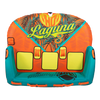 Top view of the Laguna 3 towable tube in teal, yellow, and orange with a tropical print and seating for three.