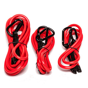 Set of three red Link Lanyards with black carabiners, neatly coiled and secured with black straps.
