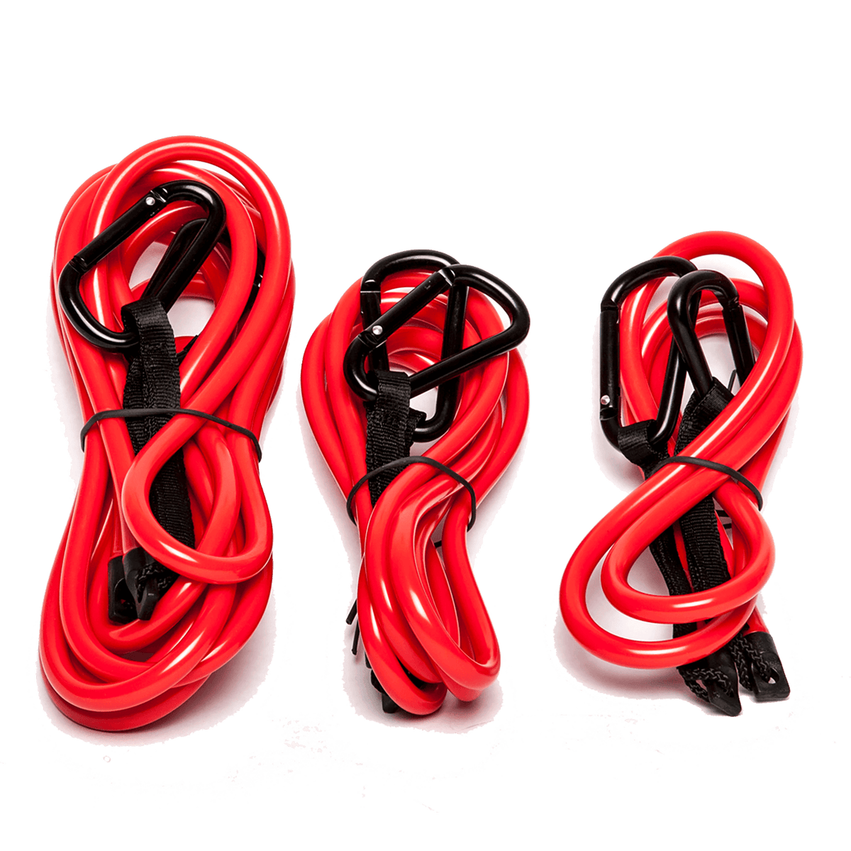 Three coiled red bungee cords with black carabiners, the HO Link Tube Lanyard 3-pack.