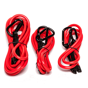 Three coiled red bungee cords with black carabiners, the HO Link Tube Lanyard 3-pack.