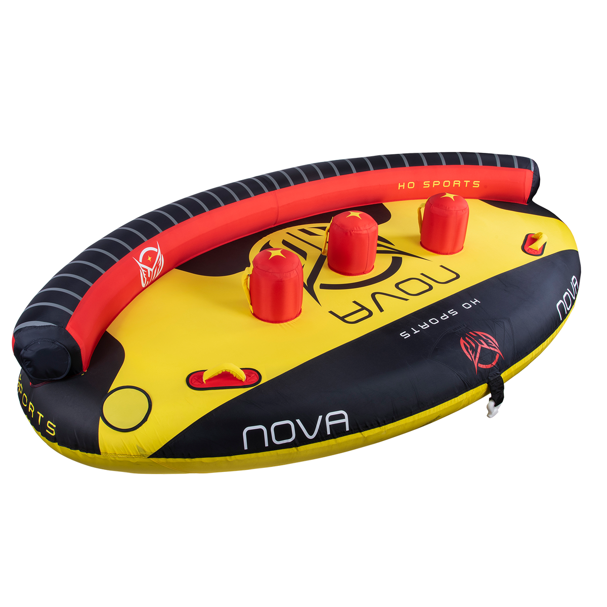 Left-angle view of Nova 4 tube in yellow, black, and red with three inflatable red backrests, handles, and bold graphics.