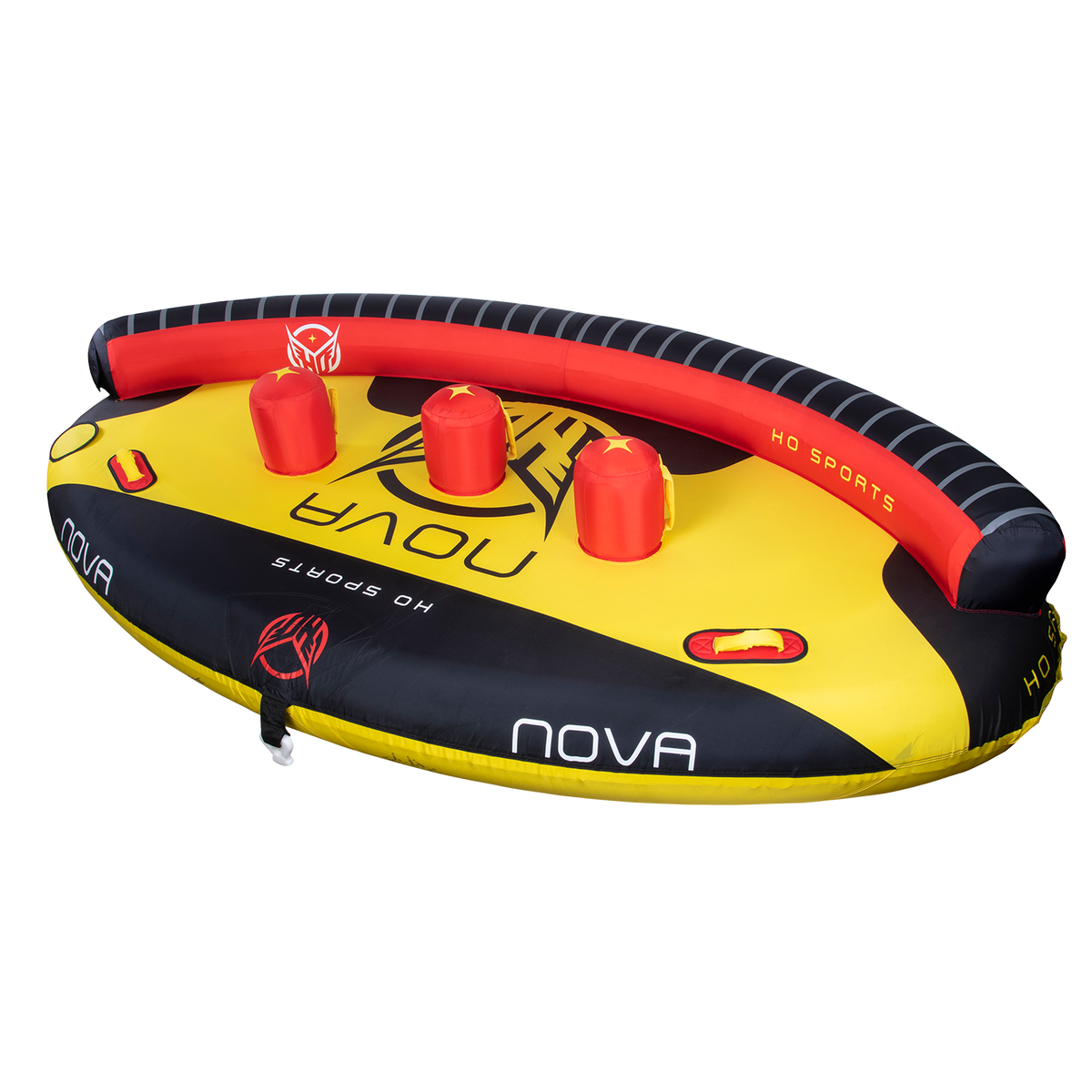 Right-angle view of Nova 4 tube in yellow, black, and red with three inflatable red backrests, handles, and bold graphics.