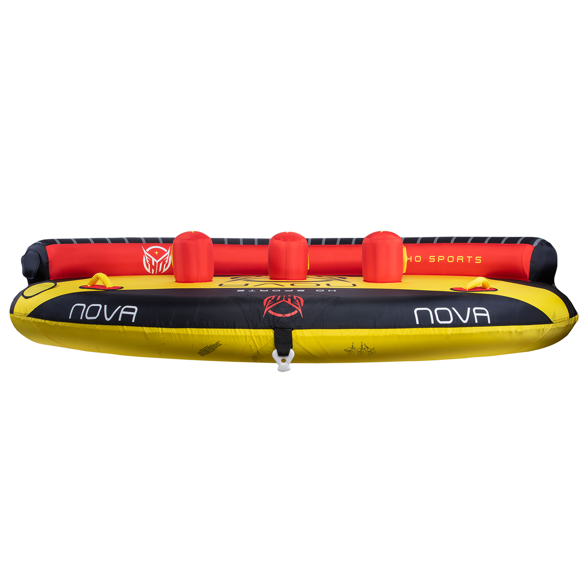 Front view of Nova 4 towable tube in yellow, black, and red with three inflatable red backrests, handles, and bold graphics.