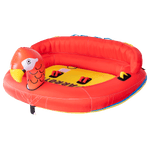 Angled view of the Parrot towable tube, featuring a red and yellow parrot design with an inflatable backrest and red handles.