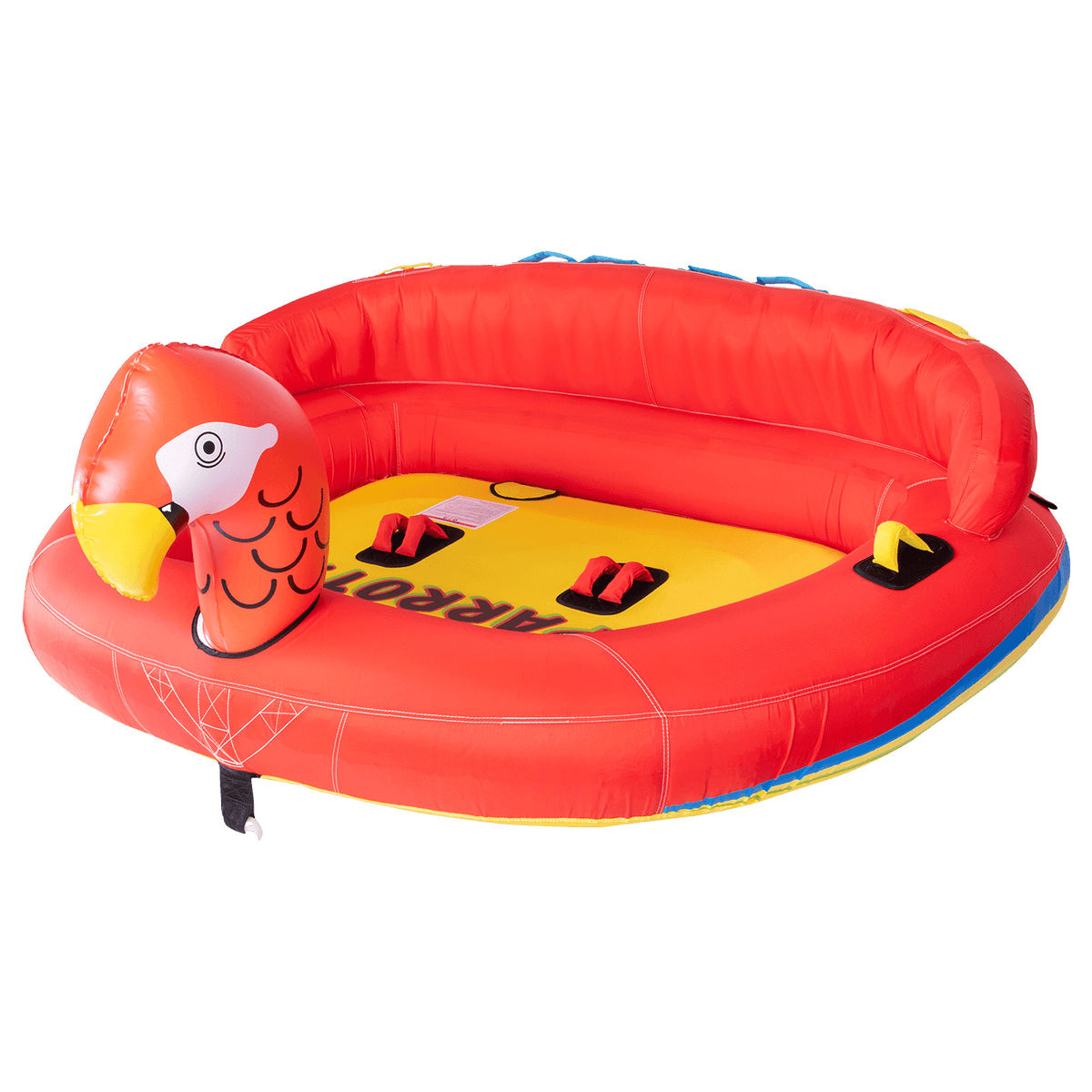 Angled view of the Parrot towable tube, featuring a red and yellow parrot design with an inflatable backrest and red handles.