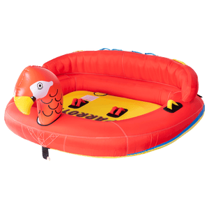 Angled view of the Parrot towable tube, featuring a red and yellow parrot design with an inflatable backrest and red handles.