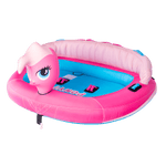 Angled view of the Pony towable tube, featuring a pink and blue pony design with an inflatable backrest and pink handles.