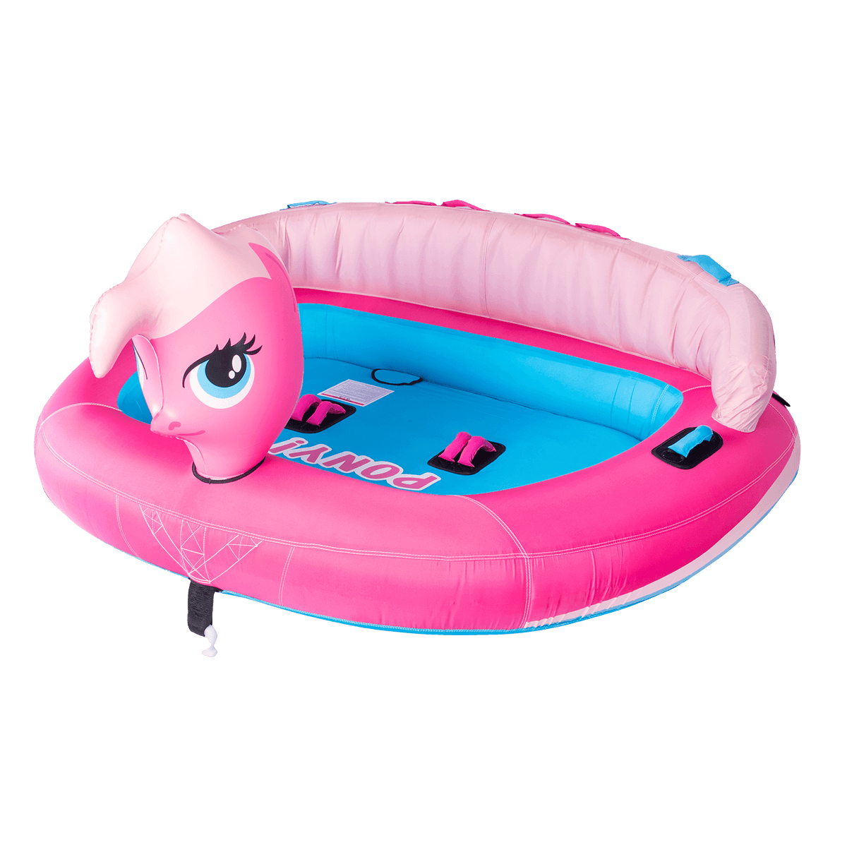 Angled view of the Pony towable tube, featuring a pink and blue pony design with an inflatable backrest and pink handles.