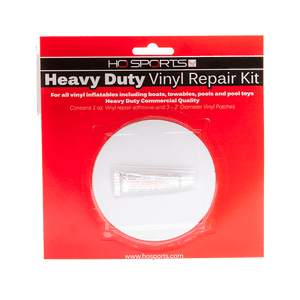 Front view of PVC Tube Repair Kit in red packaging with a clear window showing a tube of adhesive and vinyl patches.