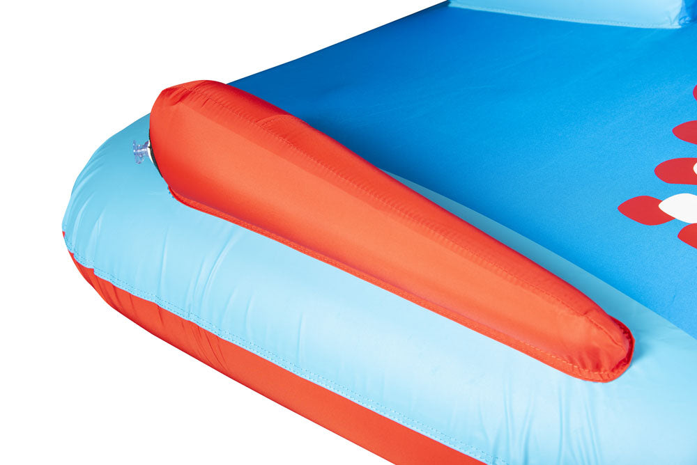 Close-up of Shark tube's light blue surface with orange inflatable fin bumper and inflation valve.
