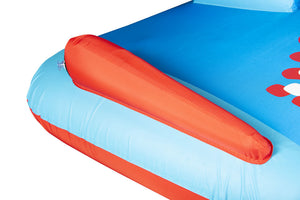 Close-up of Shark tube's light blue surface with orange inflatable fin bumper and inflation valve.