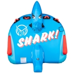 Top view of the blue Shark towable tube, featuring a bold shark face design, inflatable dorsal fin, and "SHARK!" text.