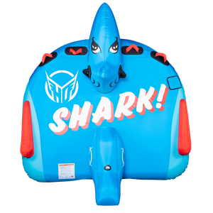 Top view of the blue Shark towable tube, featuring a bold shark face design, inflatable dorsal fin, and "SHARK!" text.