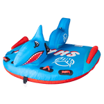 Angled view of the Shark towable tube, showing its side grab handles, red inflatable stabilizers, and contoured seating area.